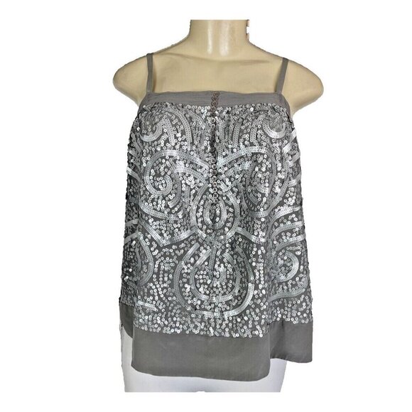 Bcbgmaxazria XS Gray-Silver Silk Sequin Swirl Pattern Adjustable Strap Cami Top - Picture 2 of 6